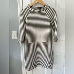Boden Mock Neck Grey White Stripe Dress Three Quarter Sleeves w Front Pockets.